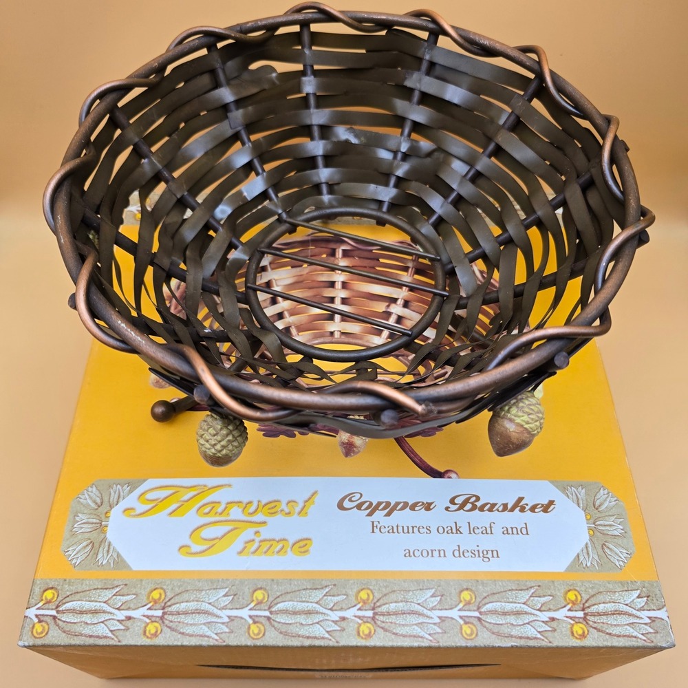Harvest Time Copper Metal Basket Oak Leaf Acorn Woven Fruit Bowl Autumn Decor